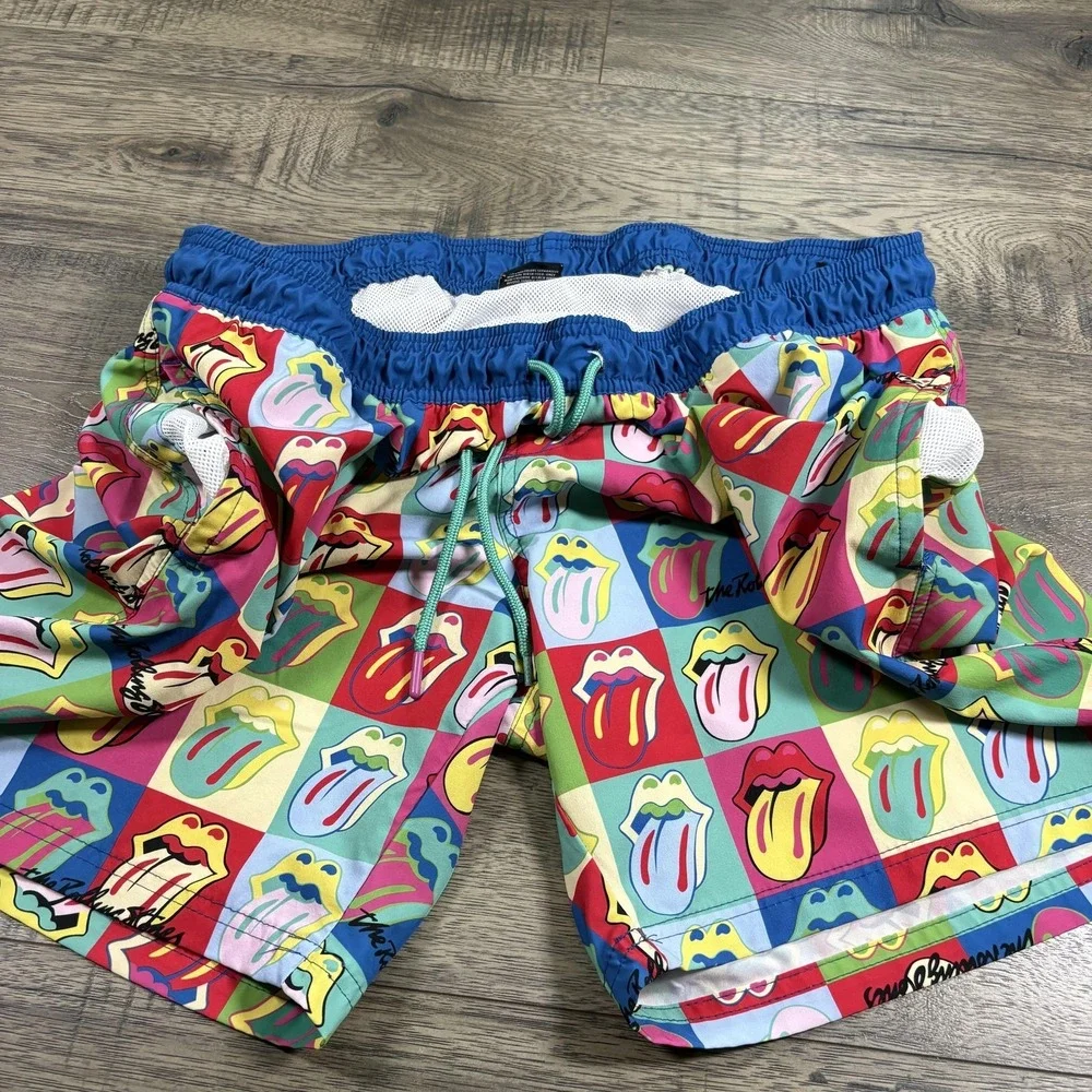The Rolling Stones Swim Shorts Mens 2XL Multicolor Tongue Logo Band Swim‎ Trunks